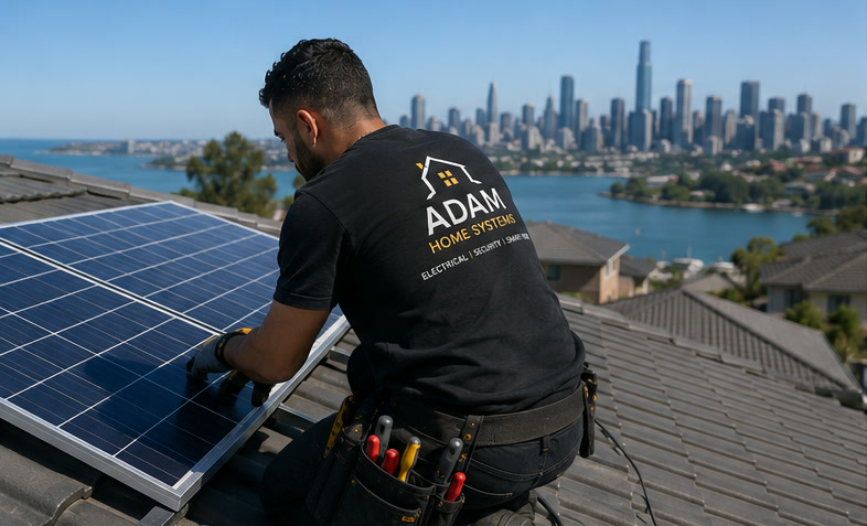 Adam Home Systems technician installing rooftop solar panels with the Sydney skyline in view