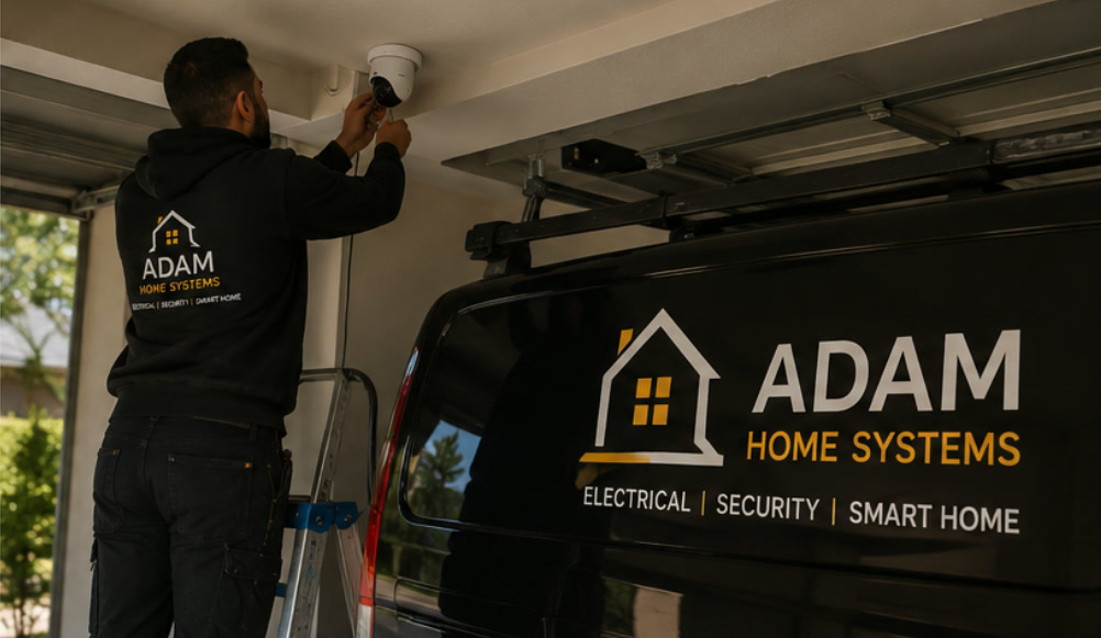 Adam Home Systems technician installing a security camera next to the company van in Sydney